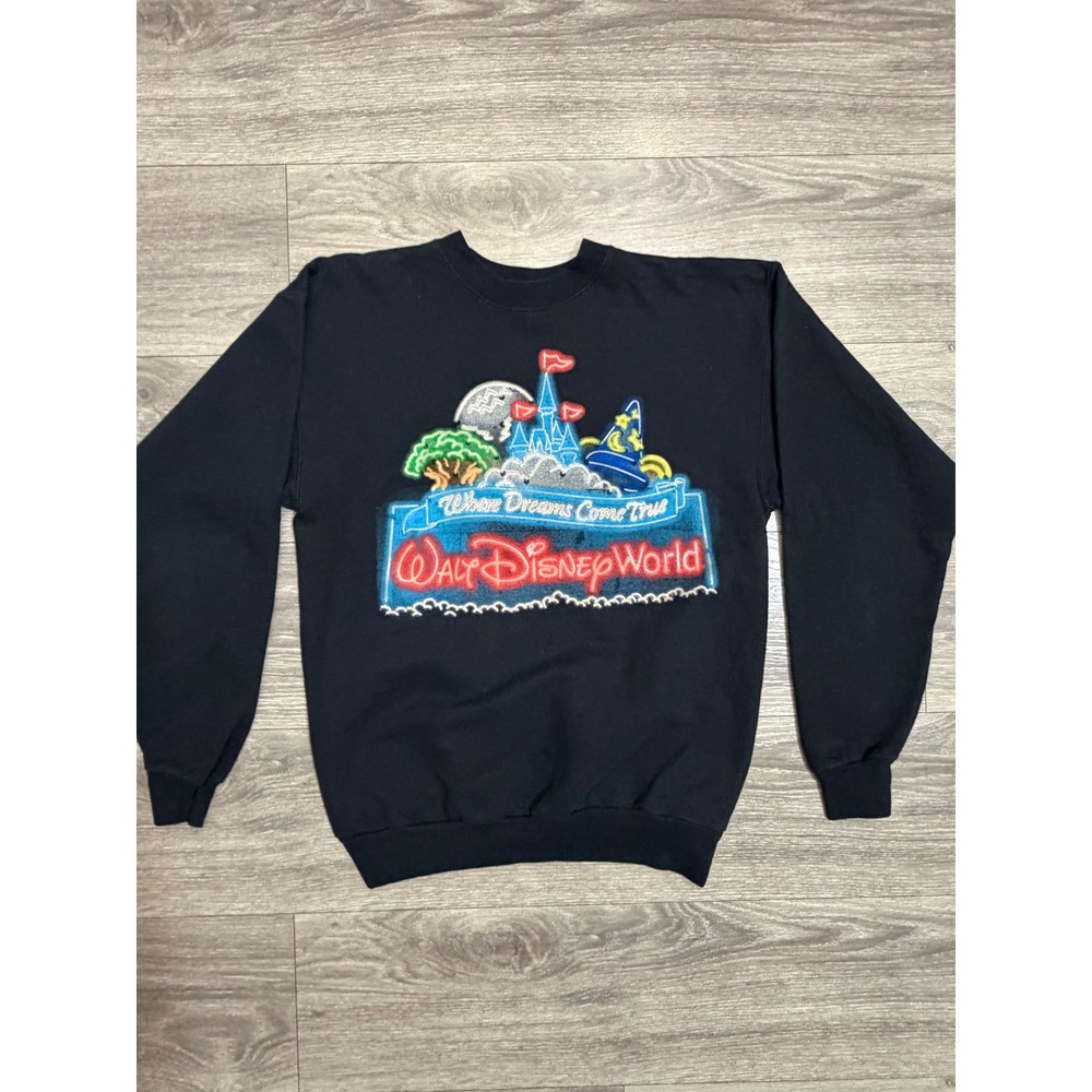 Walt Disney World Hanes Black Neon Graphic Crewneck Sweatshirt Mens Small Winter